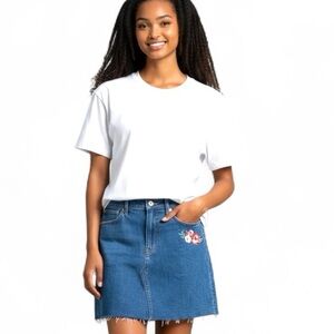 J. Crew Blue Denim Skirt with Floral Embroidery